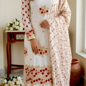 অরগেন্ডি সাদা-লাল গোলাপ ড্রেস